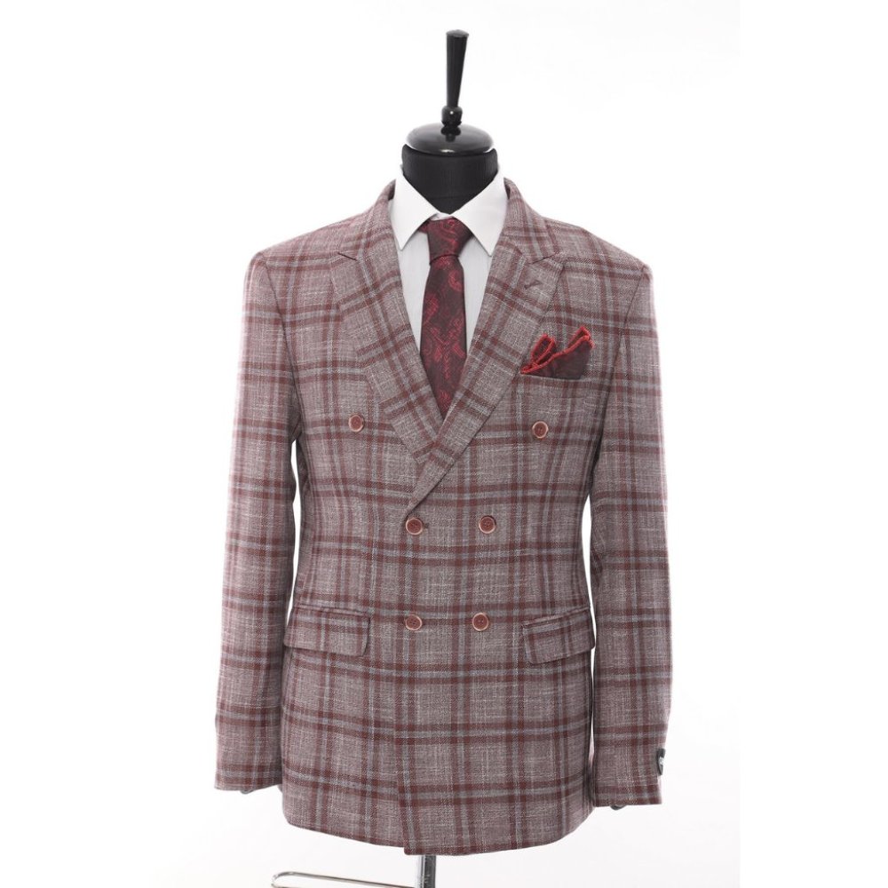 Derman Double Breasted Burgundy Plaid Luxury Jacket